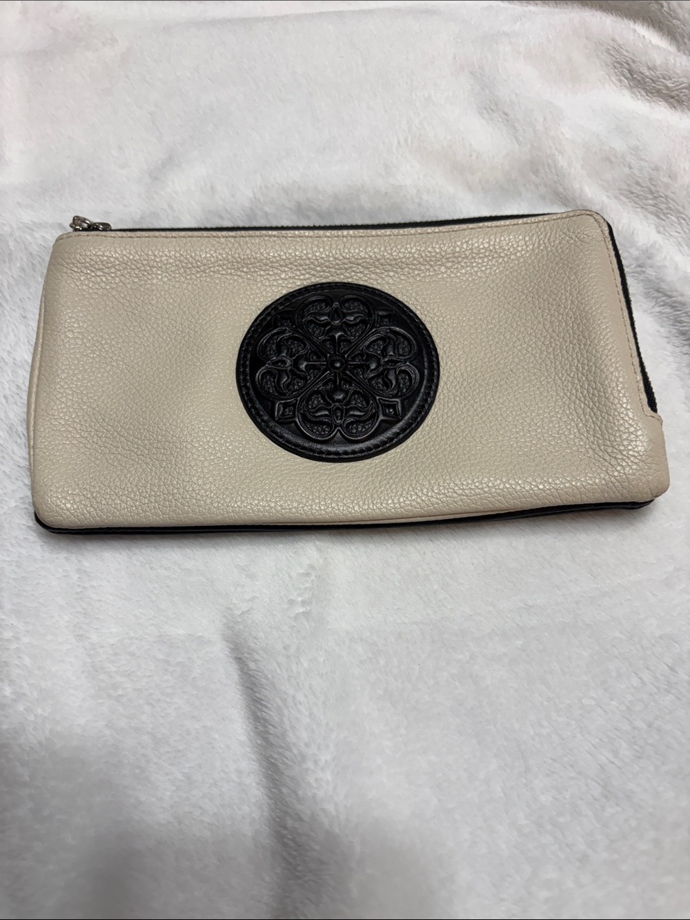 Brighton Cream Leather Zip Clutch with Black Medallion
